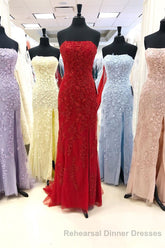 Strapless Light Blue Lace Long Semi Formal Prom Dress with Slit